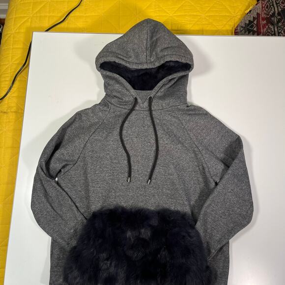 NWOT Jocelyn Small Fur Trim Pullover Hoodie Heather Gray Navy Blue Sweatshirt - Picture 10 of 11